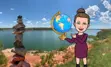 Cartoon lady holding a globe.