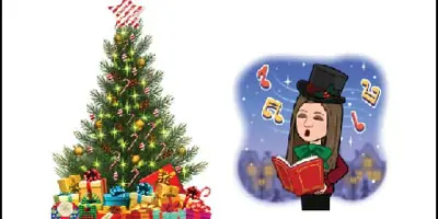 Cartoon of Christmas tree and caroler.
