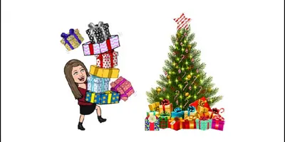 Bitmoji holding presents next to a Christmas tree.