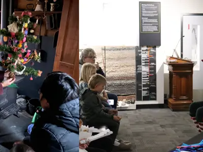 a photo collage featuring a costumed interpreter explaining historic tree decorations in the Tudhop House at Lambton Heritage Museum, and families listening to holiday stories from Victorian Santa at the Oil Museum of Canada in 2024. 