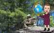 Cartoon lady standing on a rock holding a globe.