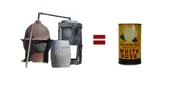 An old barrel, an equal sign and an image of an industrial area.
